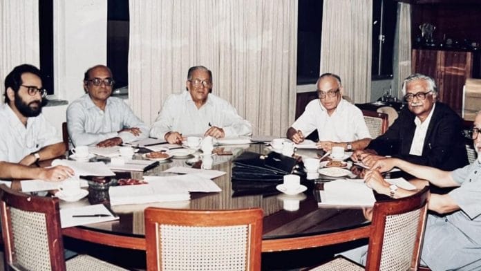 Five chairmen of Atomic Energy Commission in 1993. From right: Dr MR Srinivasan (1987-1990), Dr R Ramanna (1983-87), Dr PK Iyengar (1990-93), Dr HN Setha (1972-83), Dr R Chidambaram (1993-2000), Rakesh Sood | Author’s archives