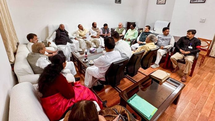 Congress MP Rahul Gandhi, party president Mallikarjun Kharge, Shiv Sena (UBT) leader Sanjay Raut and other INDIA bloc leaders at a meeting in New Delhi last November | Photo: ANI
