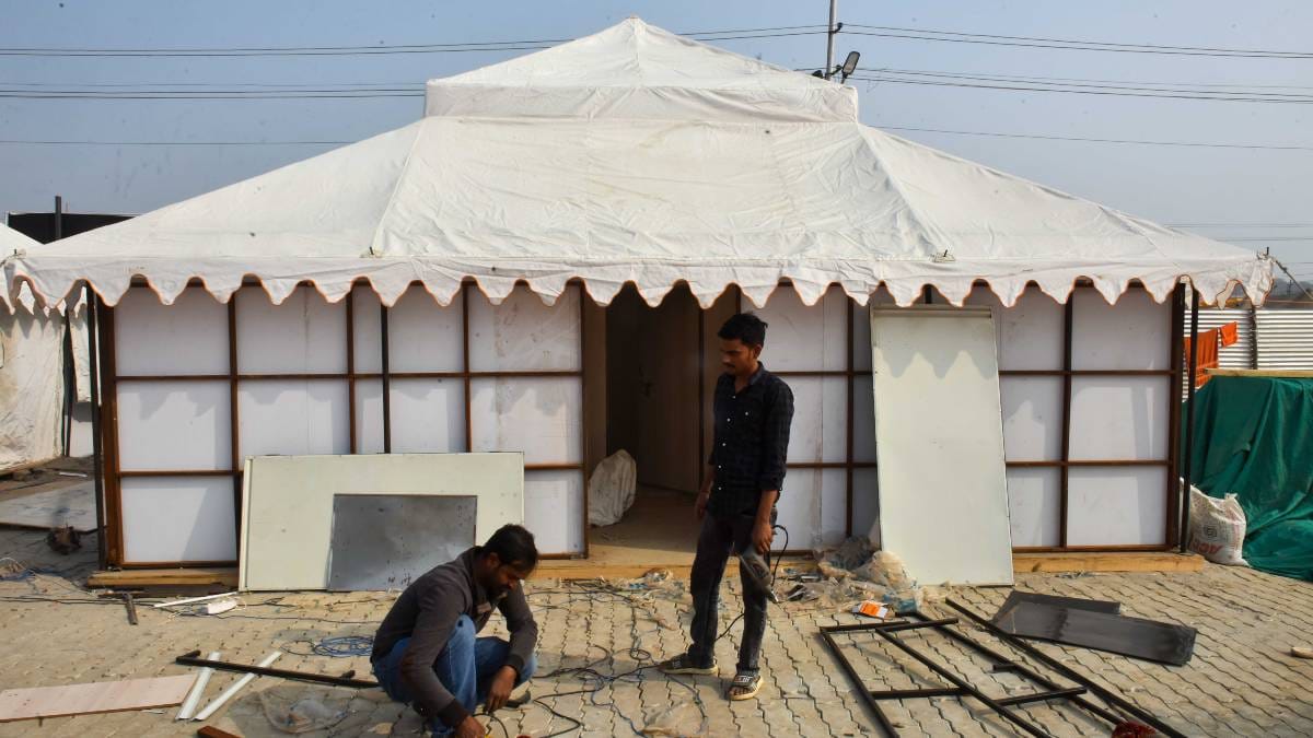 A cottage being readied for the Maha Kumbh in Prayagraj | Photo: Suraj Singh Bisht | ThePrint