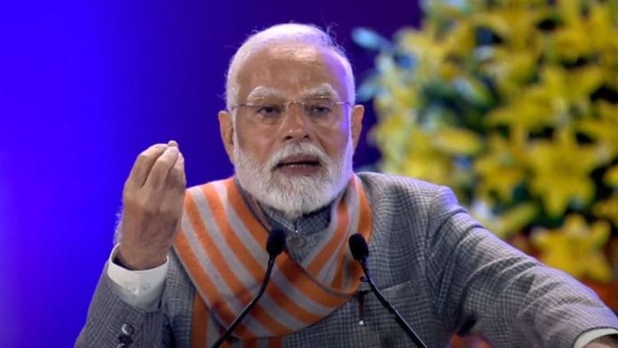 Prime Minister Narendra Modi addressing the 150th Foundation Day celebrations of India Meteorological Department at Bharat Mandapam, New Delhi, Tuesday. | @Indiametdept/ YouTube