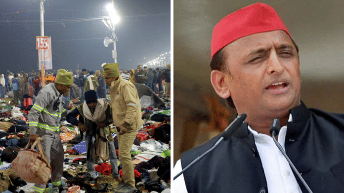 Security personnel assist a person after a stampede before the second 
