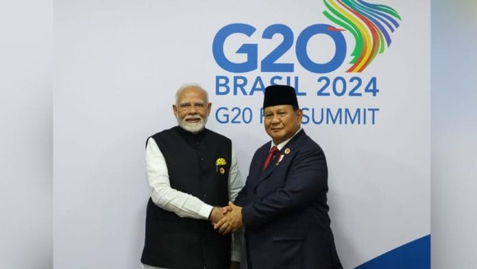 PM Narendra Modi with Indonesian President Prabowo Subianto on sidelines of G20 Summit in Rio de Janeiro, on 18 Nov 2024 | Courtesy: MEA