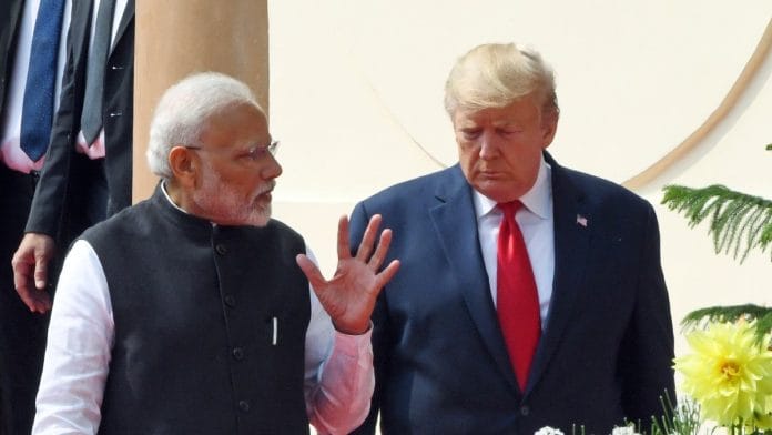 File photo of PM Narendra Modi with US President Donald Trump at Hyderabad House in New Delhi on 25 February, 2020 | ANI/R Reveendran