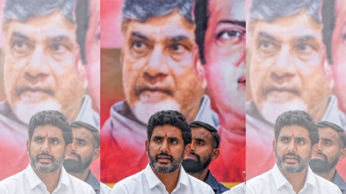 File photo of Andhra Pradesh minister Nara Lokesh with his father and chief minister Chandrababu Naidu's picture in the backdrop | ANI
