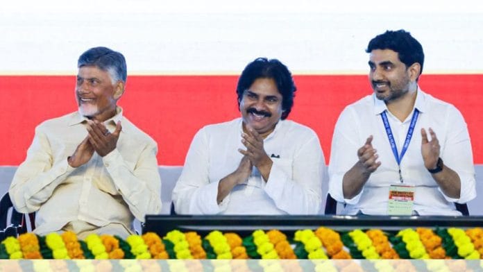 Andhra Pradesh Chief Minister N. Chandrababu Naidu, Deputy Chief Minister Pawan Kalyan and Minister Nara Lokesh | ANI