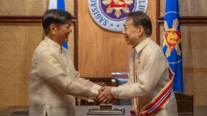 Philippine President Ferdinand R. Marcos Jr. confers the Order of Sikatuna on outgoing Asian Development Bank President Masatsugu Asakawa