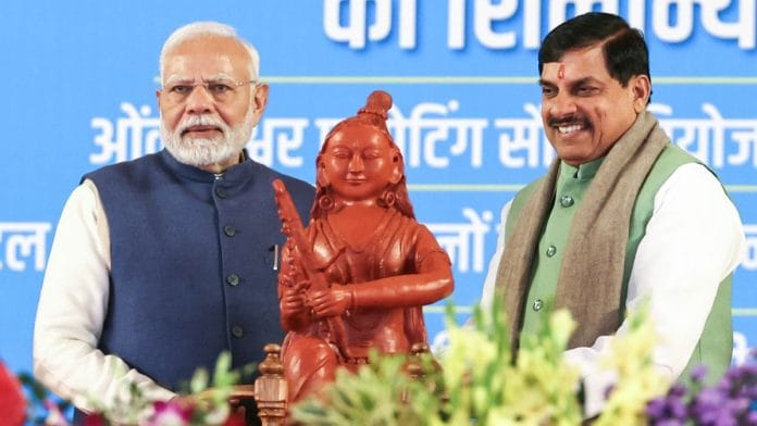 Prime Minister Narendra Modi with Madhya Pradesh Chief Minister Mohan Yadav during the event to lay the foundation stone of the Ken-Betwa River Linking National Project in Khajuraho | Photo: ANI