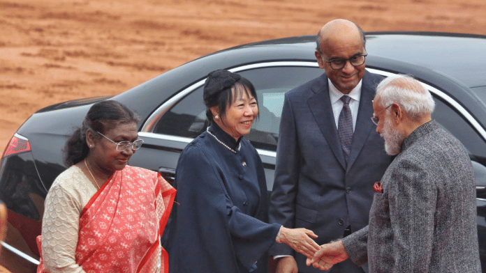 Tharman Shanmugaratnam President of Singapore with his wife welcomed by President Droupadi Murmu and Prime Minister Narendra Modi at Ceremonial Reception at Rashtrapati Bhawan | ThePrint Photo by Praveen Jain