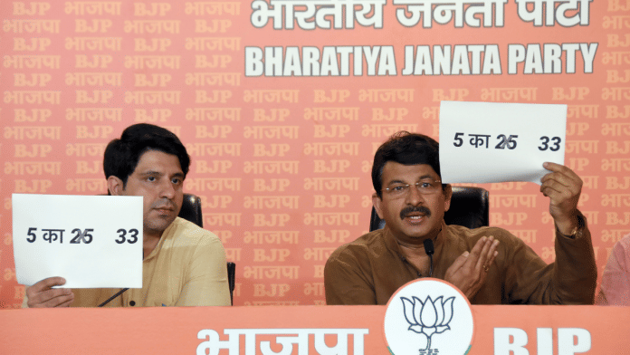 File photo of BJP spokesperson Shehzad Poonawalla with party MP Manoj Tiwari at a press conference in New Delhi | ANI