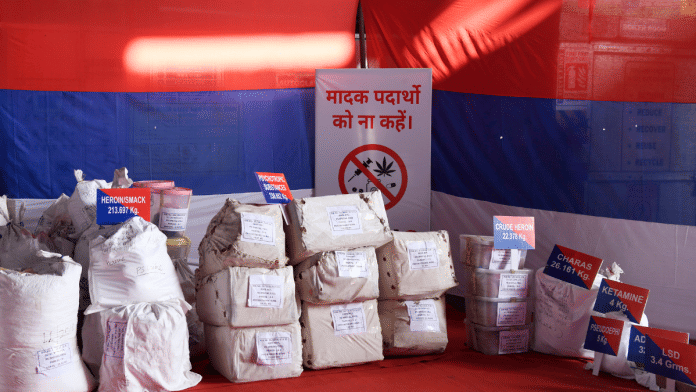Bundles of drugs arranged prior to destroying them at an incinerator by Delhi Police under the Centre's 'Nasha Mukt Bharat Abhiyan', at Amritapuri, Nilothi Village, in New Delhi in December last year | (ANI Photo)