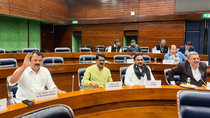 TMC's Kalyan Banerjee, DMK's A Raja, Shiv Sena UBT's Arvind Sawant, and DMK's Mohamed Abdulla during a meeting of the Joint Parliamentary Committee on the Waqf (Amendment) Bill, in New Delhi. | X\@dmk_raja