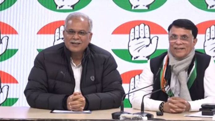 Congress leaders Bhupesh Baghel and Pawan Khera at AICC headquarters in New Delhi. | @INCIndia