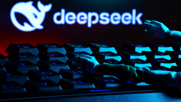 The deepseek logo, a keyboard, and robot hands are seen in this illustration taken on 27 January 2025. | Illustration | Dado Ruvic | Reuters