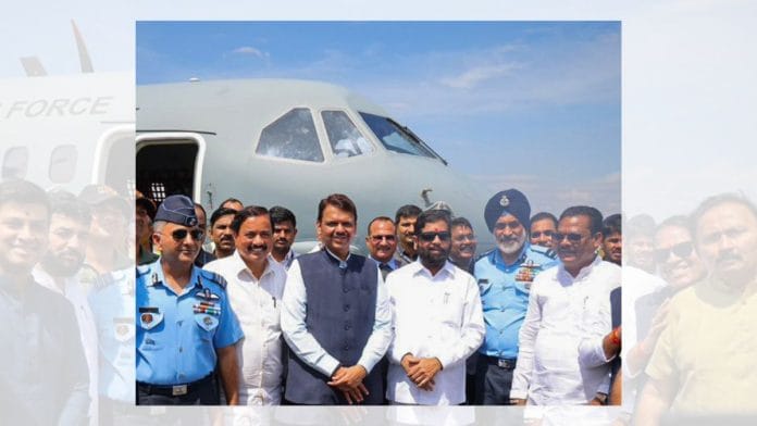 Devendra Fadnavis, Eknath Shinde and others at the Navi Mumbai Airport during a runway test, in October 2024. | ANI