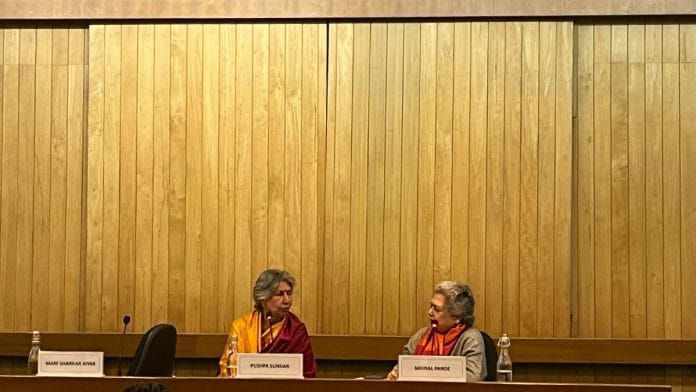 Pushpa Sundar and Mrinal Pande on stage at the launch of Sundar's book Beyond the Heaven-Born Service | Nootan Sharma, ThePrint 