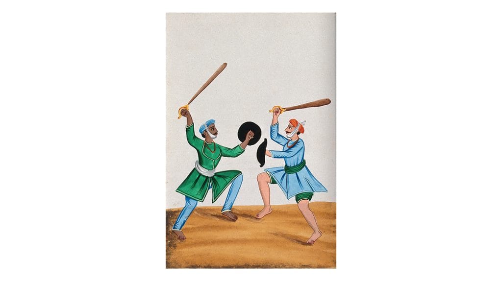 Two sikh men dueling with wooden swords, c.1800–1899, Watercolour with gouache. Image courtesy of Wellcome Collection, London