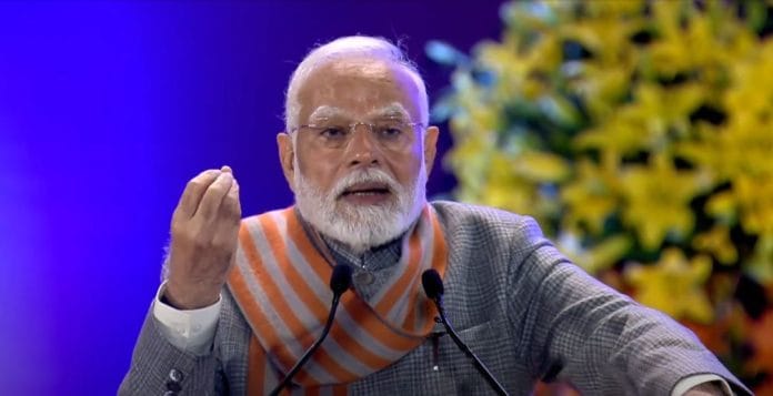 Prime Minister Narendra Modi addressing the 150th Foundation Day celebrations of India Meteorological Department at Bharat Mandapam, New Delhi, Tuesday. | @Indiametdept/ YouTube