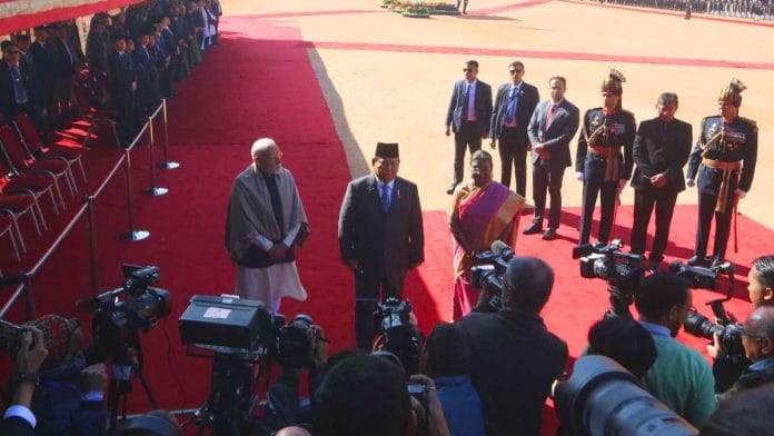Prime Minister Narendra Modi, Indonesia President Prabowo Subianto, and President Droupadi Murmu at the Rashtrapati Bhavan. | Praveen Jain | ThePrint