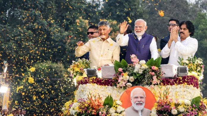 Prime Minister Narendra Modi along with Andhra Pradesh Chief Minister N Chandrababu Naidu and Deputy CM Pawan Kalyan holds a roadshow, in Visakhapatnam on Wednesday. | ANI