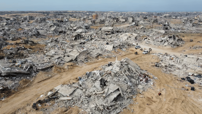 A drone view shows Palestinian houses and buildings lying in ruins, following a ceasefire between Israel and Hamas, in Rafah in the southern Gaza Strip, on 22 January 2025. | Mohammed Salem | Reuters