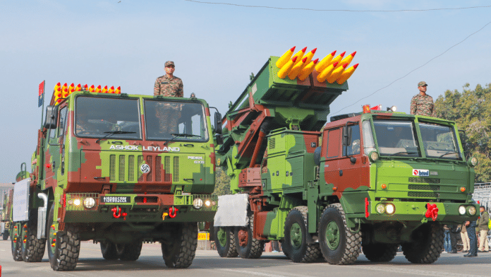 Glimpse of the Pinaka Multi-Barrel Rocket Launcher (MBRL) during the Republic Day Parade 2025 rehearsal, at Kartavya Path, in New Delhi on Saturday | Representational image | ANI