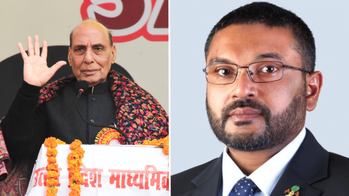 Indian Defence Minister Rajnath Singh (left) Maldives Defence Minister Maldivian counterpart Mohammed Ghassan Maumoon | PTI/Commons