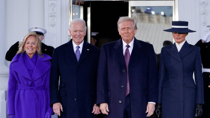 U.S. President-elect Donald Trump and his wife Melania Trump meet with U.S. President Joe Biden and first lady Jill Biden at the White House on inauguration day of Donald Trump's second presidential term in Washington, U.S. on 20 January 2025. | Nathan Howard | Reuters