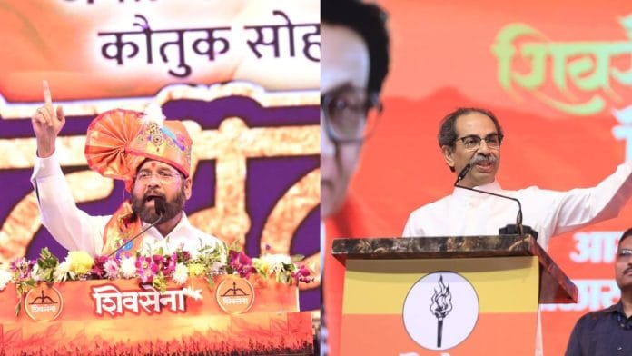 (L) Deputy CM Eknath Shinde at the rally in Bandra Kurla Complex | (R) Uddhav Thackeray speaking in Andheri | X: @Shivsenaofc, @ShivSenaUBT_