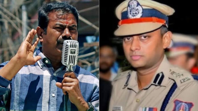 Naam Tamilar Katchi (NTK) party leader Seeman and IPS officer V. Varun Kumar | ANI/X,@deltadravidan