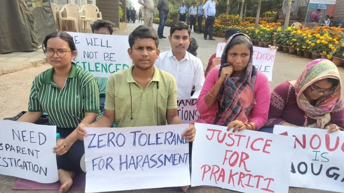 Students stage a sit-in at KIIT University on 19 February, calling for a thorough investigation into campus harassment and administrative failures | Shubhangi Misra | ThePrint