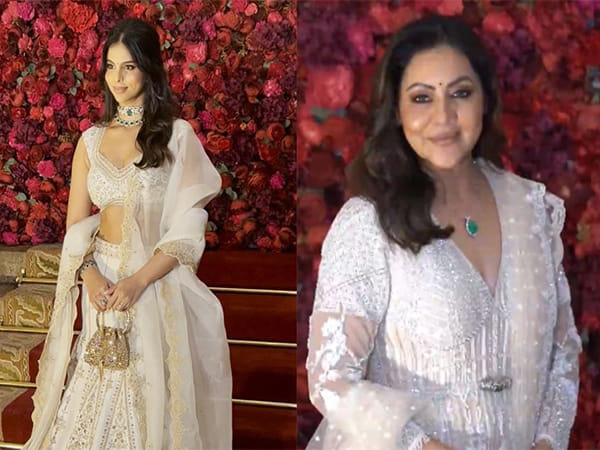 Suhana twins with mother Gauri Khan in ivory outfits at Aadar Jain-Alekha Advani wedding