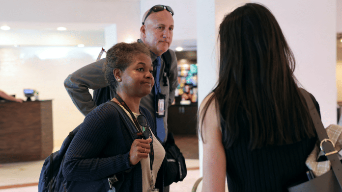 Associated Press White House reporter Darlene Superville and photographer Ben Curtis are told by a U.S. President Donald Trump administration member that they have been denied from joining the White House press pool in West Palm Beach, Florida on 15 February 2025 | Reuters/Kevin Lamarque