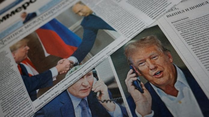 Representational Image showing pictures of Trump and Putin on newspapers | Reuters