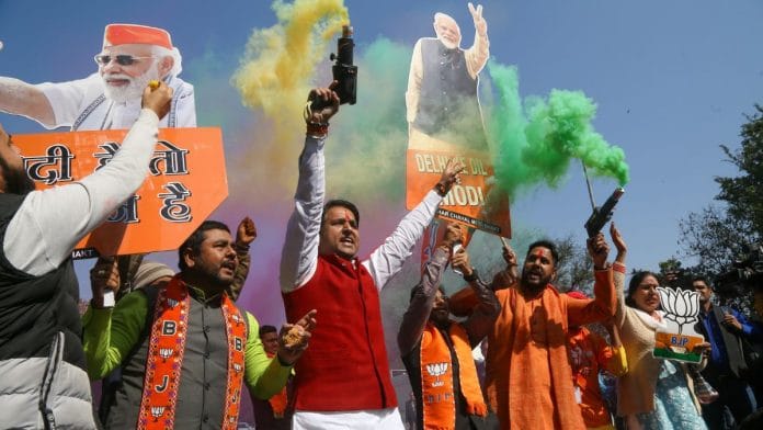 Celebrations outside BJP's Delhi office on 8 February, 2025 | Suraj Singh Bisht | ThePrint