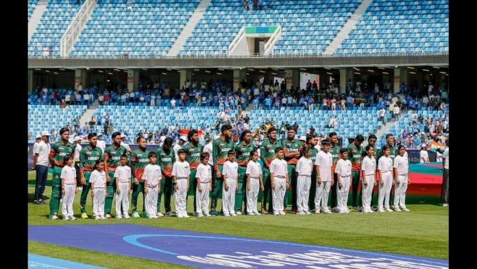 Bangladesh players stand for the national anthem during their match against India in the ICC Champions Trophy, 2025 | Photo: ANI