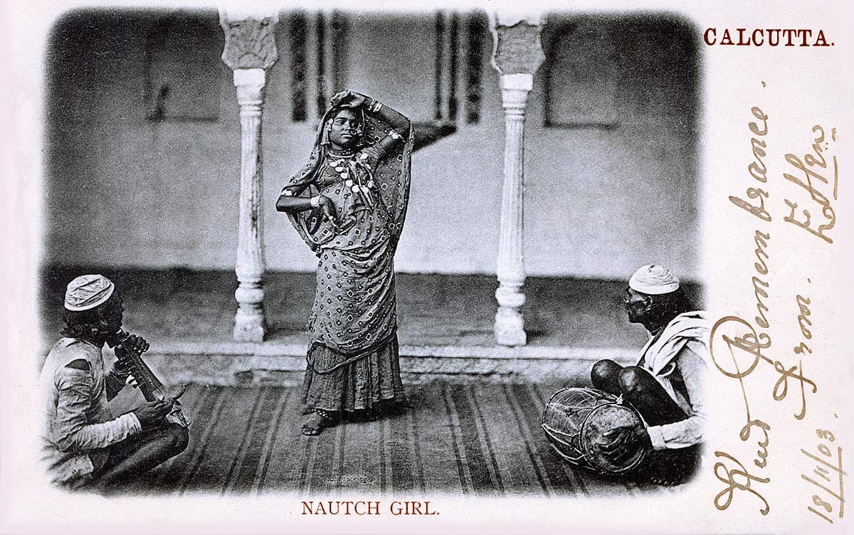 Nautch girl. Picture postcard from Roessler & Co., Calcutta. This picture probably derives from a photograph by Samuel Bourne taken in 1860