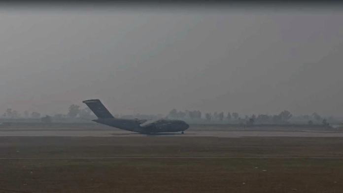 File photo of flight with deportees from US lands at Amritsar airport on 5 Feb 2025 | By special arrangement