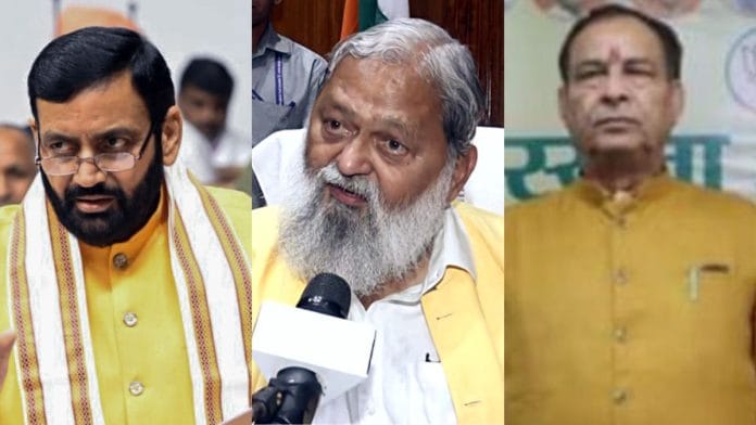 File photos of Haryana CM Nayab Saini, Minister Anil Vij and Haryana BJP chief Mohan Lal Badoli | ANI