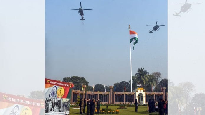 Army helicopters shower flower petals at Fort William, now renamed Vijay Durg, on the ocassion of Vijay Diwas, in Kolkata in December 2024. | ANI