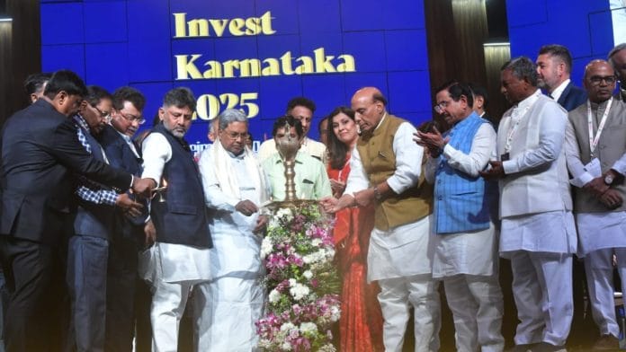 Defence Minister Rajnath Singh, Karnataka CM Siddaramaiah and Dy CM DK Shivakumar inaugurating Global Investors Meet in Bengaluru on 11 February, 2024 | X @CMofKarnataka