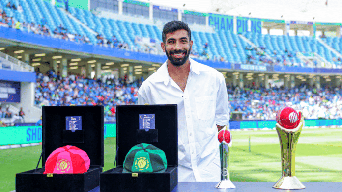 India's Jasprit Bumrah receives his Men's Cricketer of the Year, Men's Test Cricketer of the Year awards and Team Of The Year caps before the start of the ICC Champions Trophy 2025 - Group A match between India and Pakistan in Dubai, at Dubai International Cricket Stadium in Dubai on 23 February 2025. ANI