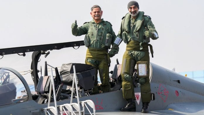 Chief of the Air Staff Air Chief Marshal AP Singh and Chief of the Army Staff (COAS) General Upendra Dwivedi land after taking a sortie aboard a Tejas aircraft ahead of the #AeroIndia2025 at the Yelahanka Air Force Station, Karnataka | Photo: X, @ANI