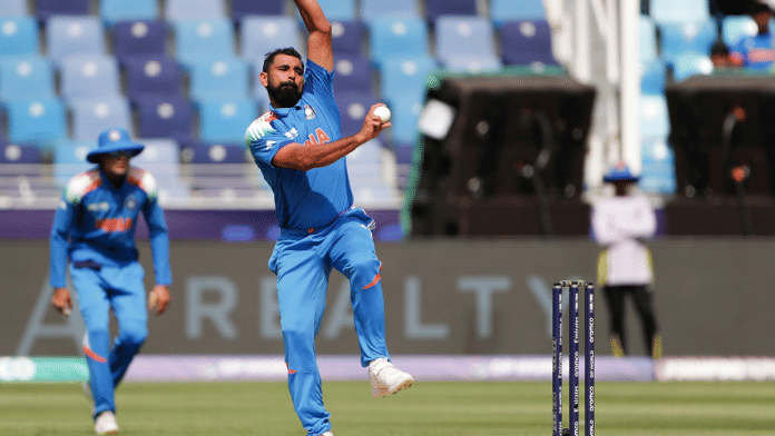 India's Mohammed Shami bowls during the ICC Champions Trophy 2025- Group A match against Pakistan, at Dubai International Cricket Stadium in Dubai on Sunday, 23 February 2025. | ANI