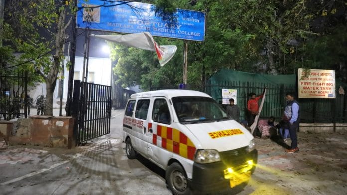 An ambulance at Maulana Azad Medical College mortuary, New Delhi | Manisha Mondal | ThePrint