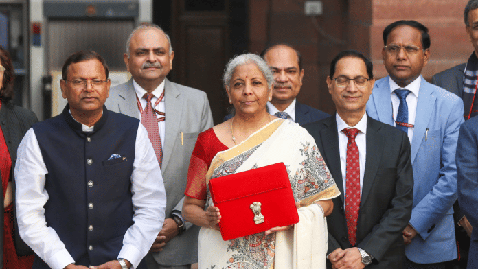 Union Finance Minister Nirmala Sitharaman shows the tablet containing Budget documents at North Block. | Praveen Jain | ThePrint