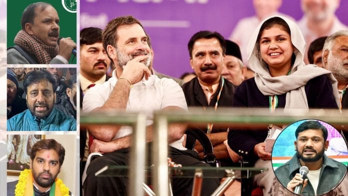 Clockwise from top left: Shifa-ur-Rehman, Rahul Gandhi with Ariba Khan, Kanhaiya Kumar, Manish Chaudhary and Amanatullah Khan. | ANI & Facebook.