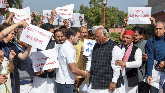 MPs of the opposition parties including Lok Sabha LoP and Congress MP Rahul Gandhi, Congress National President Mallikarjun Kharge, Samajwadi Party chief Akhilesh Yadav hold a protest outside the parliament over the issue of deportation of alleged illegal Indian immigrants from the US, in New Delhi on Thursday | ANI