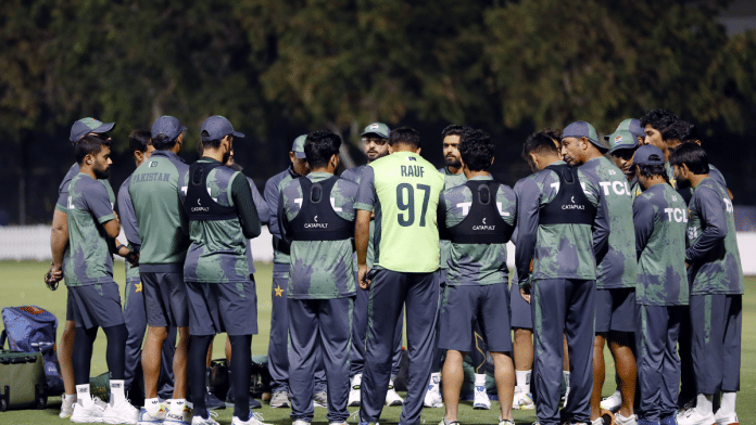 Pakistan's players during a practice session ahead of the match against India in the ICC Champions Trophy, 2025, at Dubai International Cricket Stadium in Dubai on Friday