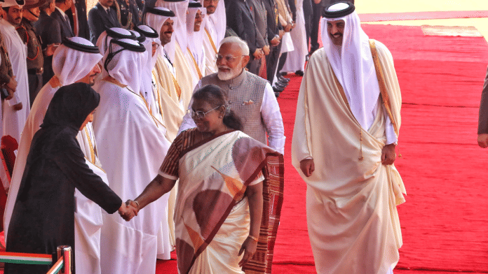 Prime Minister Narendra Modi and President Droupadi Murmu with the Amir of Qatar, Tamim Bin Hamad Al Thani at the Hyderabad House in New Delhi on Tuesday, 18 February