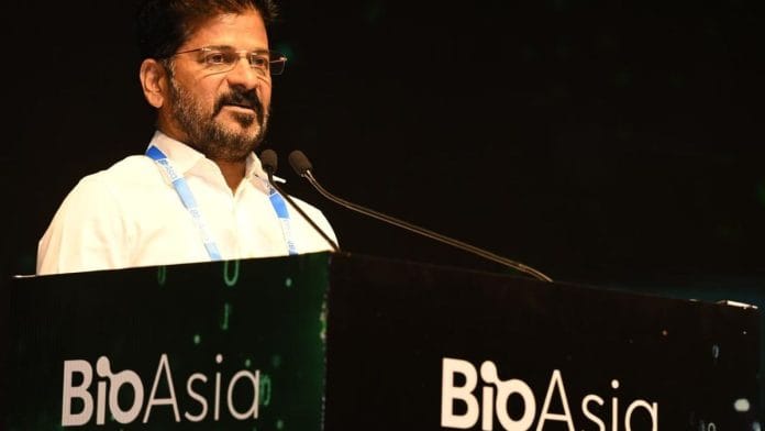 CM Revanth Reddy speaks at the BioAsia 2025 conference in Hyderabad. | @revanth_anumula/ X